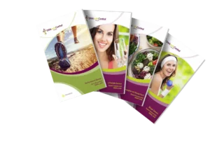 a group of brochures with images of women