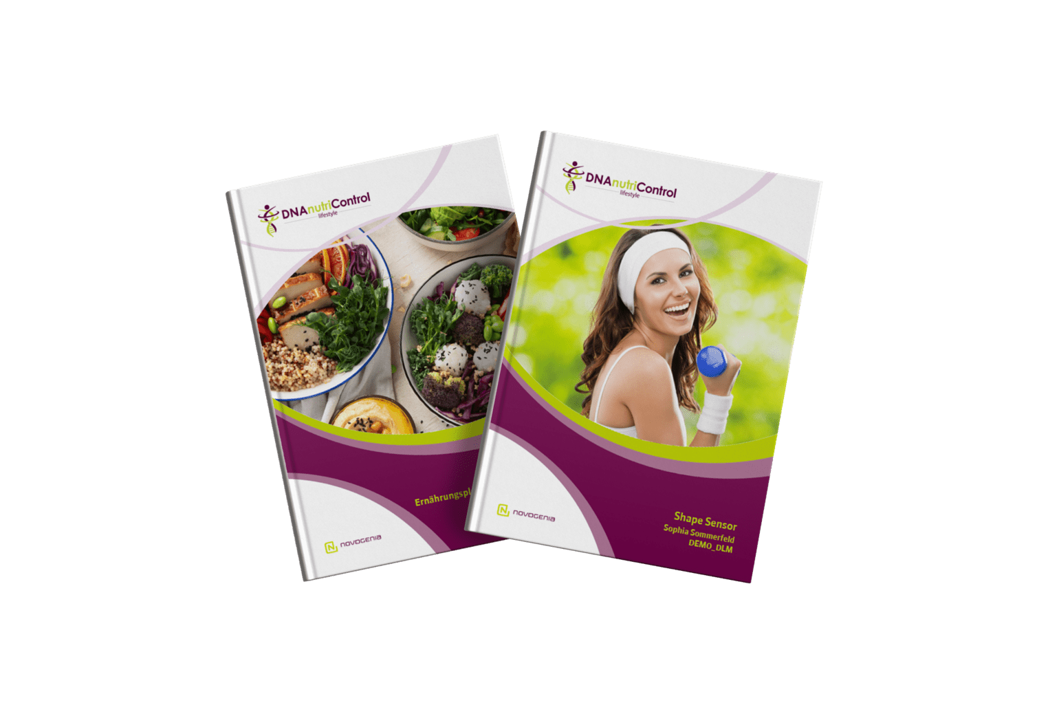 a couple of brochures with images of a woman and a bowl of food